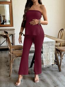 SHEIN 2pcs Maternity Solid Color Tube Top & Split Leg Pants Set - Burgundy - View 4
