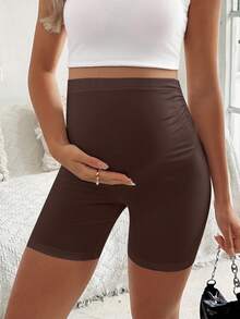 SHEIN Maternity Solid Color Elastic Adjustable Waist Ruched Leggings Shorts Gym Brown Sommar Casual - Brown - View 4