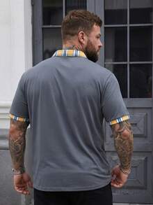 Men's Plus Size Color-Block Short Sleeve Polo Shirt, Summer - Grey - View 2