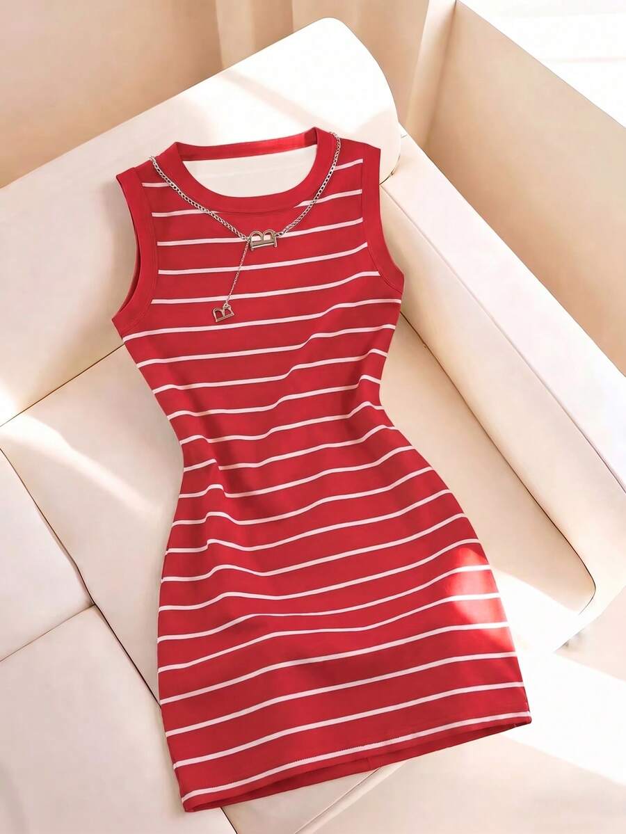 Resyla Women's Spring/Summer New Arrival Striped Print Round Neck Fitted Camisole Dress Everyday Red And White Striped Casual - Multicolor - View 1