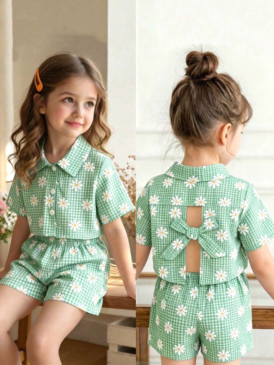 Elladie kids 2026 女童可爱时尚套装,格子雏菊印花衬衫+短裤两件套,夏季 - 綠色 - 查看 1