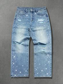 Manfinity EMRG Herrjeans med raka, vida ben och slitna detaljer i tvättad strass för gatumode - Ljustvätt - Visa 7