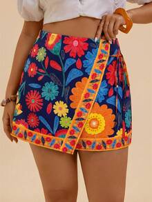 Travachic Plus Size Bohemian Casual Vacation Beach Shorts With Tie Decoration And Ruffle Hem For Women - Multicolor - View 1