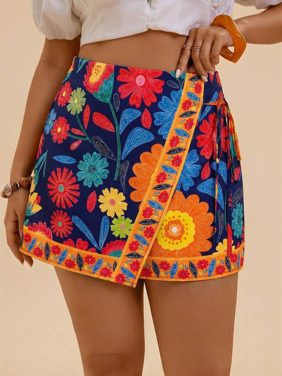 Travachic Plus Size Bohemian Casual Vacation Beach Shorts With Tie Decoration And Ruffle Hem For Women - Multicolor - View 1