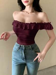 DAZY 女款純色露肩修身百搭休閒T恤 - 酒紅色 - 查看 5