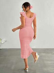 Firerie Plus Size Solid Color U-Neck Cap Sleeve Ruffle Hem Drawstring Summer Sweater Dress Fall - Pink - View 2