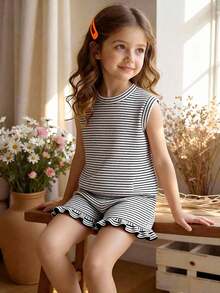 SHEIN Vintaside Kids 2件套女童条纹提花针织宽松背心短裤套装，适合休闲、度假、运动、夏季穿着 - 黑色 - 查看 9