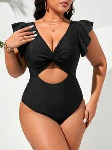 Swim Lushoire Plus Size Solid Color Twist Hollow One-Piece Swimsuit - Black - View 5