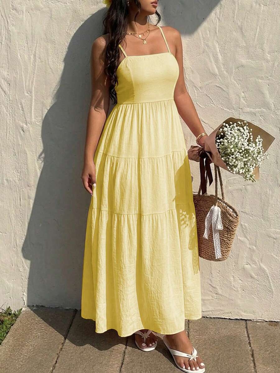 Sunnyshic Plus Size Sleeveless Summer Square Neck Minimalist Design Dress - Pale Yellow - View 1