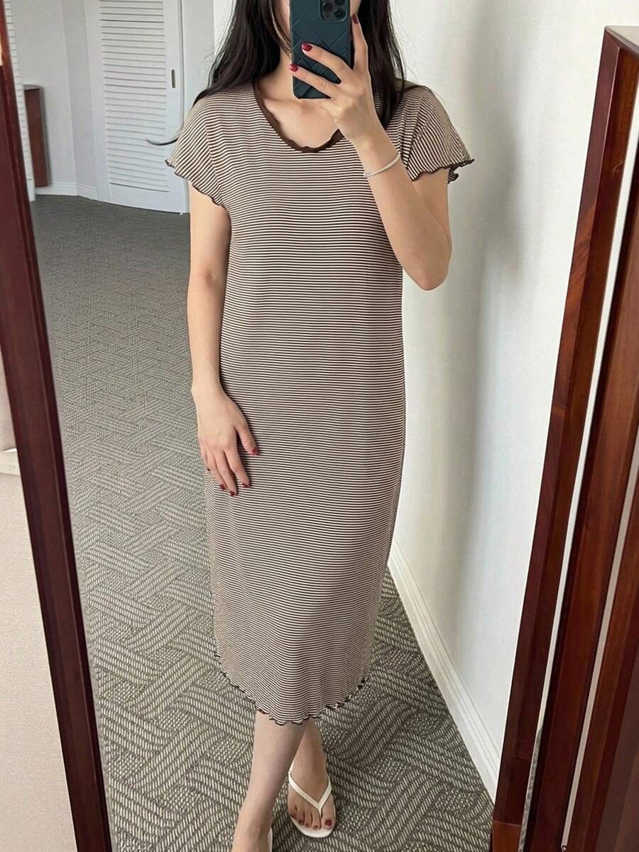 DAZY 女士条纹休闲日常家居服连衣裙 - 黑色 - 查看 1
