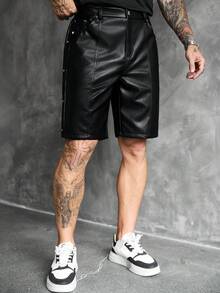 SLATEMANN Celana Pendek Pria Hitam, Desain Kulit PU, Celana Pendek Bermuda Modis dan Serbaguna, untuk Liburan - Hitam - View 4