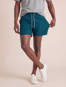 Zalmeno Men Solid Color Drawstring Waist Beach Shorts For Vacation And Leisure - Dark Green - View 4