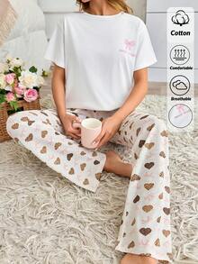 SHEIN 蝴蝶结图案T恤和豹纹爱心印花长睡衣休闲家居套装 - 白色 - 查看 7