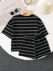 SHEIN Tween Girl T-Shirt Co-Ords Girl Mom Black And White Checkered Summer Casual For Tween Girl - Grey - View 2