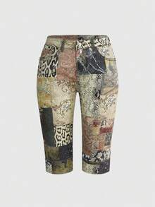 ROMWE Grunge Punk Bohemia Vintage Leopard & Floral Print Y2K Style Skinny Denim Capri Pants, Plus Size - Multicolor - View 1