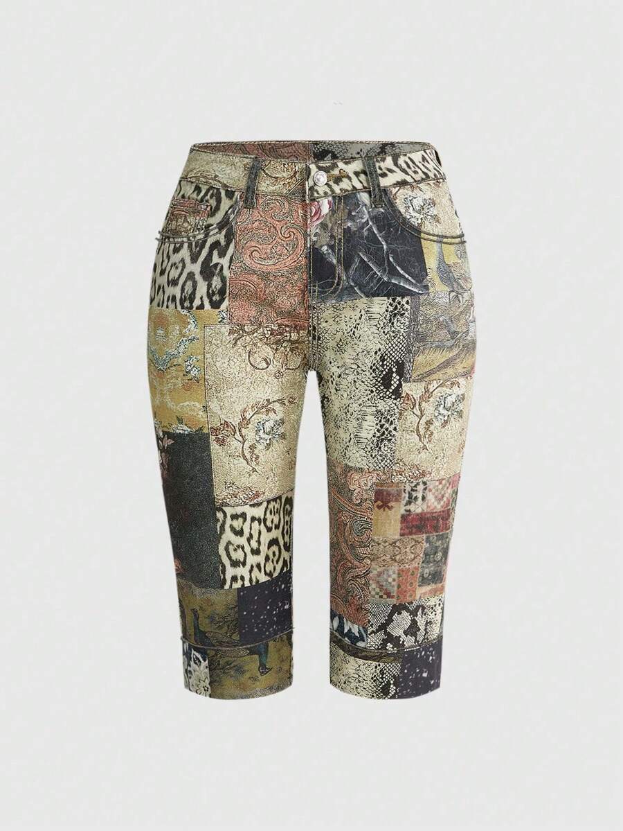 ROMWE Grunge Punk Bohemia Vintage Leopard & Floral Print Y2K Style Skinny Denim Capri Pants, Plus Size - Multicolor - View 1