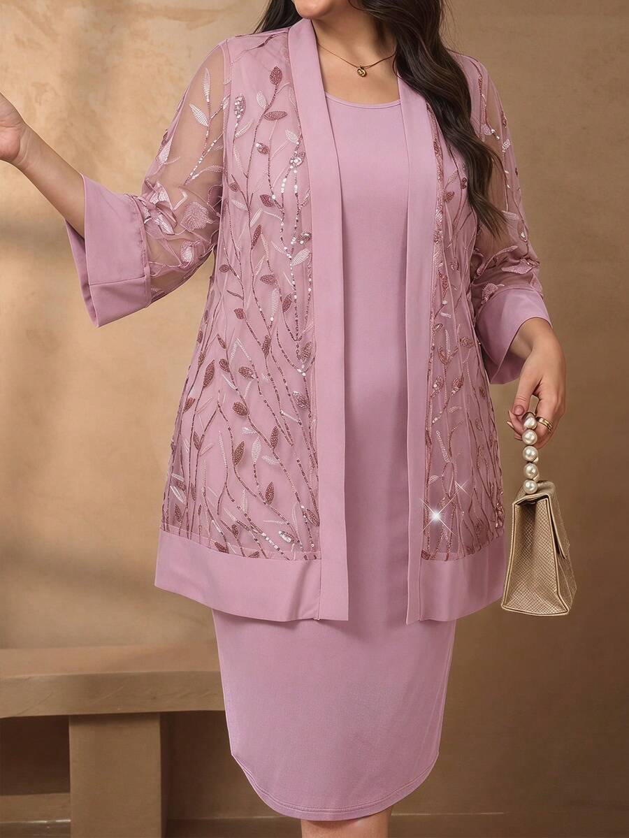 Reflora 2pcs Plus Size Sequin Embroidery Mesh Patchwork Jacket And Dress Set - Pink - View 1