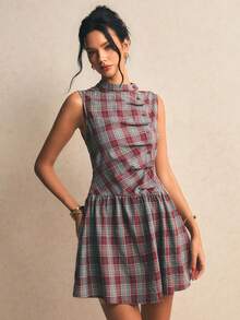 Poéselle Đầm không tay kẻ caro đỏ kiểu retro với phần eo thắt lại - Đỏ - Xem 8