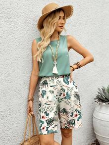 Faunlyn Bộ đồ nữ gồm áo tank top cổ tròn màu trơn và quần short in họa tiết cây nhiệt đới, kiểu dáng thường ngày. - Nhiều màu - Xem 3