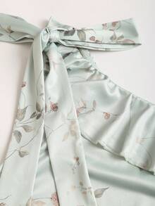 Sweetra Áo kiểu nữ in hoa, bèo nhún, buộc dây phía trước - Màu xanh Cadet - Xem 3