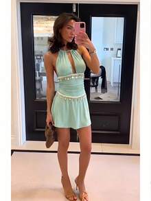Firerie Women's Elegant Romantic Backless Halter Knit Mini Dress With Ruffle Hem / Beach Vacation Dress / Summer Dress,Dresses For Women Summer - Green - View 6