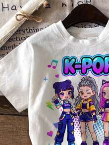 2pcs/Set Cartoon Young Girl, Cream White, K-Pop Superstars Cartoon Girl Group Print, Round Neck Short Sleeve Shorts Set, Suitable For Summer - Multicolor - View 5