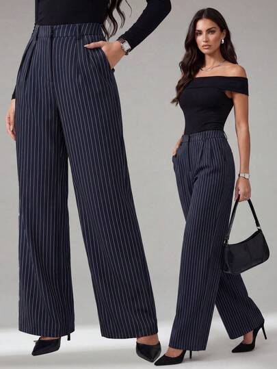 SHEIN Tall מכנסי חליפה מפוספסים בצבע כחול כהה מינימליסטי מודרני לנשים, מכנסיים בגזרה גבוהה, מכנסיים כחולים, מכנסיים מפוספסים, מכנסיים רחבים במיוחד, מכנסיים קז'ואל, מכנסי עסקים, מתאים ליציאות קז'ואל, עסקים, משרד, נסיעות, אירועים רשמיים מכנסיים פסים מכנסיים כחולים כהים מכנסי פאלאצו מכנסי קפלים לנשים