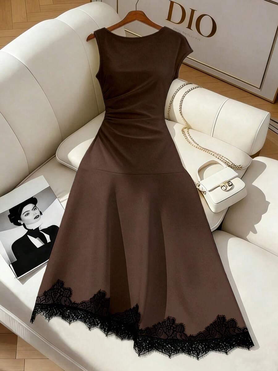 SHEIN Franclia 女士黑色蕾丝拼接褶皱腰身连衣裙 - 咖啡 - 查看 1