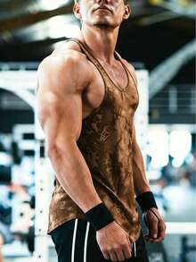 GymBeat 男士紮染休閒健身運動背心，健身房、度假適用 - 棕色 - 查看 6