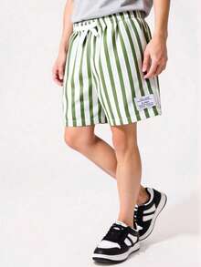 SHEIN 1pc Young BoyWoven Striped Casual Shorts, Decorative Patch, Relaxed Holiday Style, Suitable For Spring/Summer Daily Wear - Green - View 3