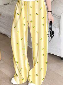 Teen Girl Sweet Retro Cream Lemon Tree Floral Pattern Round Neck Short Sleeve T-Shirt And Fresh Cream Striped Pattern Pants Set - White - View 5
