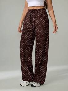 SHEIN Tall Quần dài màu nâu, quần mùa đông, quần Giáng sinh, quần năm mới, quần dệt chấm bi nâu, quần ống rộng thắt eo dành cho nữ, quần chấm bi nâu, quần chấm bi nâu, quần mùa thu, quần áo mùa thu cho nữ, quần áo mùa đông cho nữ - Cà phê nâu - Xem 5