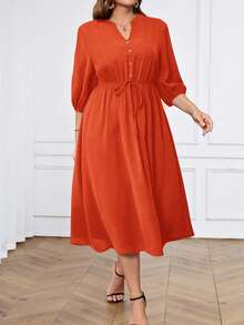 Miaspire Plus Size V-Neck Raglan Sleeve Midi Dress With Ruched Waist Fall - Orange - View 3