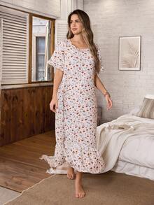 Serenescape Gaun Tidur Panjang Kasual Wanita untuk Liburan, Motif Bunga, Patchwork, dan Hem Berkerut - Aprikot - View 3