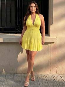 Hourglow Plus Size Women Vacation Contrast Lace Halter Neck Dress, For Hourglass Body Shape Holiday Yellow Summer Cute Kawaii - Yellow - View 7