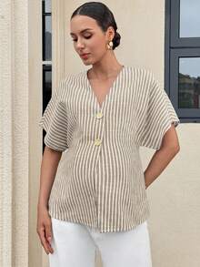 MaterniWear 孕妇夏季休闲条纹前开襟蝙蝠袖衬衫 - 卡其色 - 查看 9