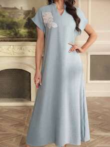 Al Najma Embroidered Floral Shoulder Sleeve Notched Neck Short Sleeve Elegant Dress - Blue - View 6