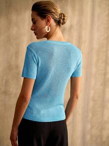 MOTF PREMIUM SPARKLING RHINESTONE ROUND-NECK SHORT SLEEVE KNIT TOP, SPRING/SUMMER - Blue - View 3