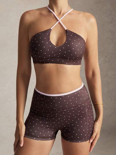 Activina Women's Polka Dot Splice Color Halter Top And Shorts Casual Daily Sports Suit