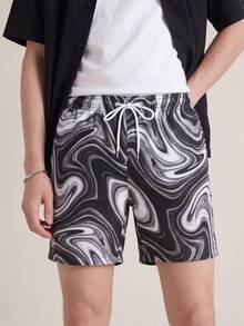 Zalmeno Plus Size Men's Marble Print Drawstring Waist Pocket Beach Shorts - Multicolor - View 3