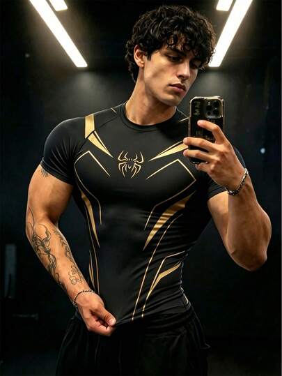 GymBeat Áo thun nam cổ tròn in hình nhện ghép mảnh, kiểu dáng thường ngày đa năng và phù hợp cho thể thao.