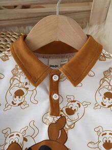 SCOOBY-DOO X SHEIN 男婴卡通印花短袖Polo领连体衣 - 棕色 - 查看 4