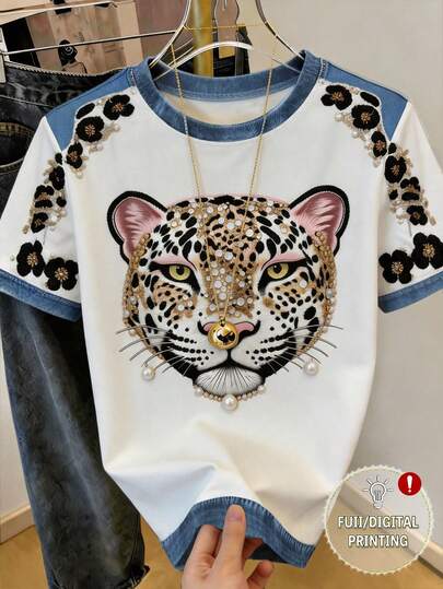 Everyssa Áo thun in hình đầu báo mùa hè 2026 mới, cổ tròn, tay ngắn, trang trí họa tiết đính sequin giả ngọc trai, phối màu cá tính, phong cách thường ngày đa năng, dáng suông rộng, tôn dáng, phù hợp cho mặc hàng ngày, đi chơi và hẹn hò.