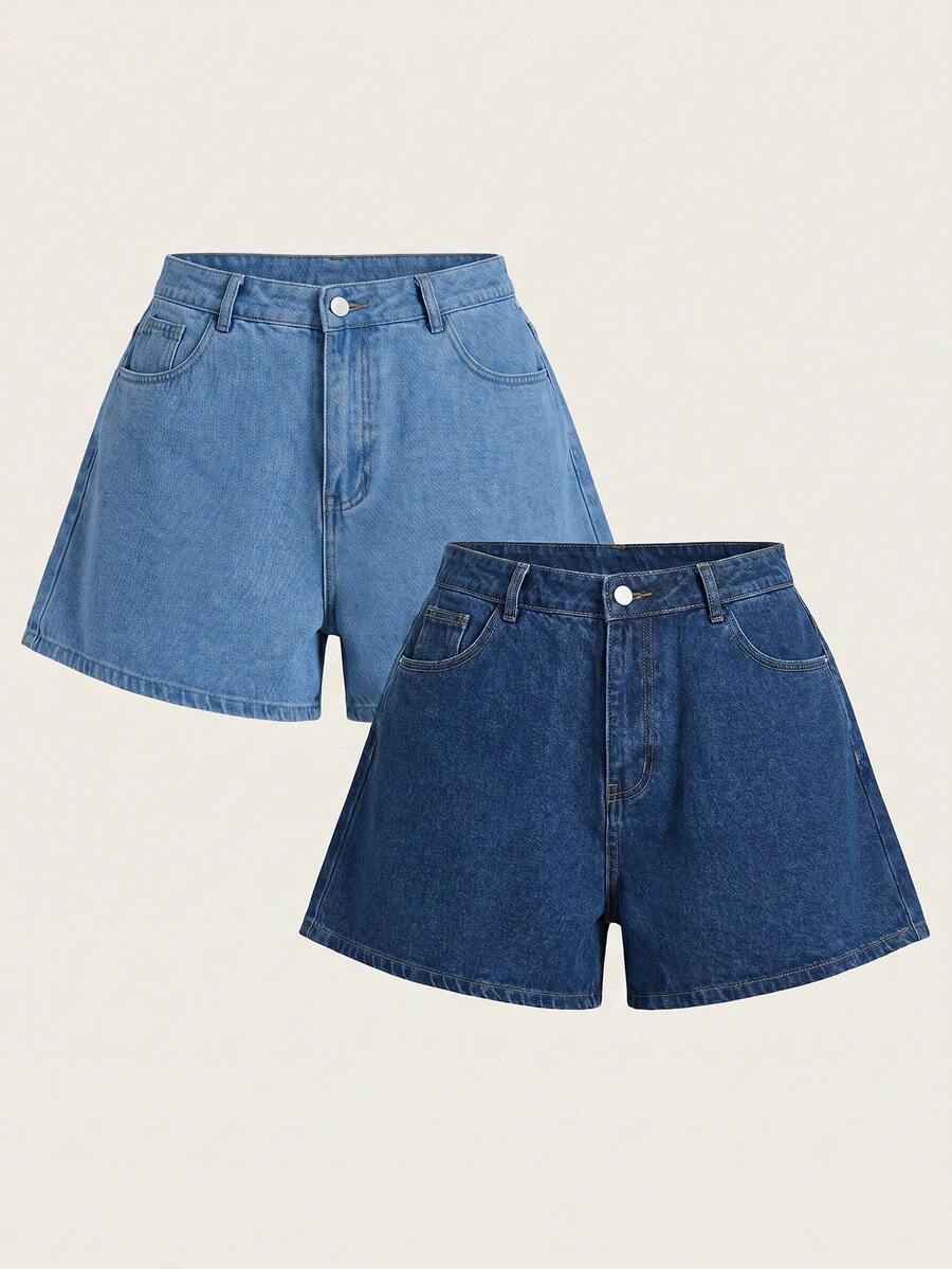 Elaquor Plus Size Summer Casual Slant Pocket Denim Shorts Set Beach Formal Sky Blue Navy Blue - Blue - View 1