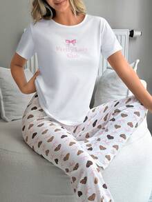 SHEIN Cute Leopard Heart & Bow Print Short Sleeve Casual Pajama Set - Multicolor - View 4