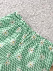 Elladie kids 2026 女童可爱时尚套装，格子雏菊印花衬衫+短裤两件套，夏季 - 綠色 - 查看 6