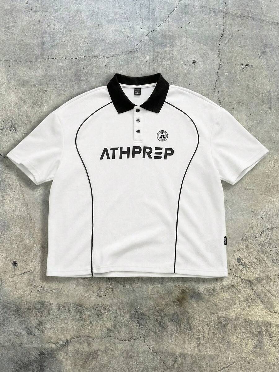 AXEPEAK 男士印花宽松短袖针织 Polo 衫,校园、街头必备单品 - 白色 - 查看 1