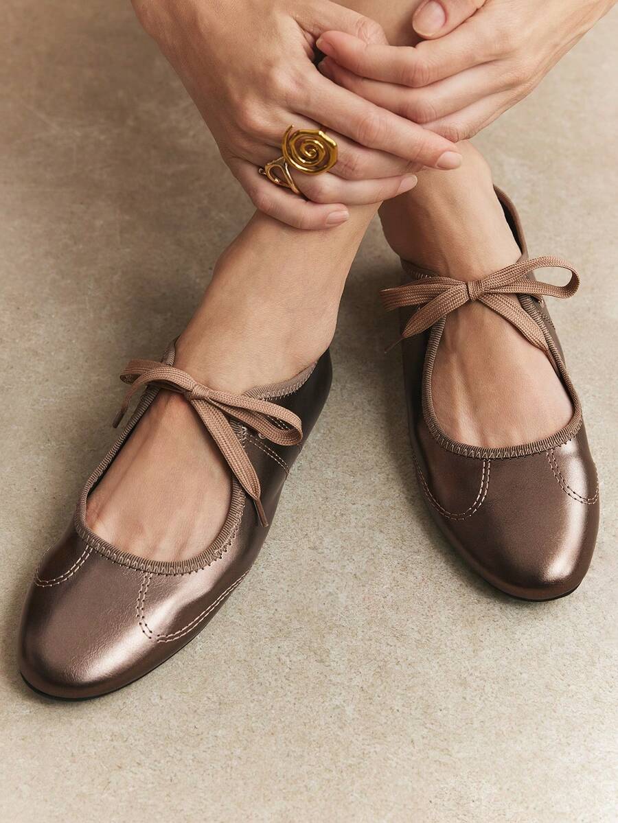Rosivie French Fashion Elegant Commuter Embroidery Thread Strap Bow Mary Jane Women Flat Shoes Fall Shoes - Tin grey - View 1