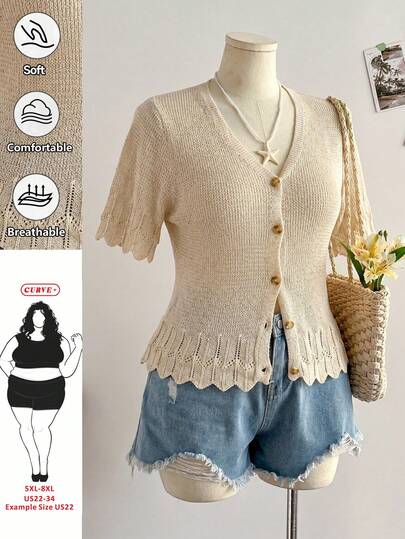 SHEIN CURVE+ Áo khoác cardigan dáng rộng dành cho nữ, kiểu dáng tối giản, màu trơn, cổ chữ V, cài một hàng khuy, trang trí viền vỏ sò, thích hợp cho mùa xuân và mùa hè.