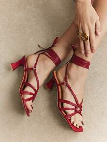 Rosivie Spring And Summer Fashion Burgundy Strappy Open-Toed High-Heeled Sandals - Burgundy - View 9